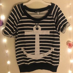 Striped navy colored top with lace detailed anchor